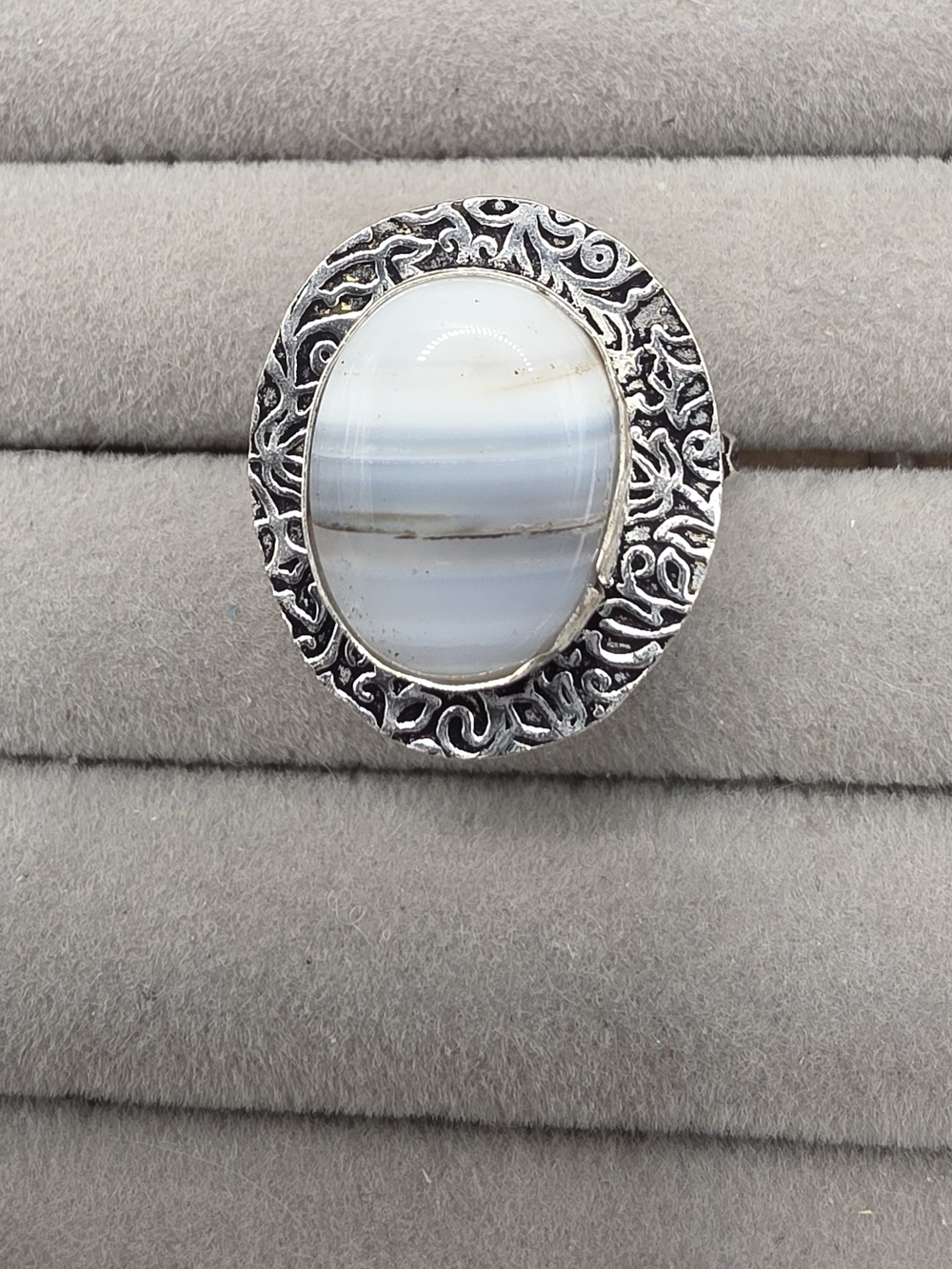 Silver Plated Filigree Ring Size 10 1/2 with Banded Agate Oval Cabochon